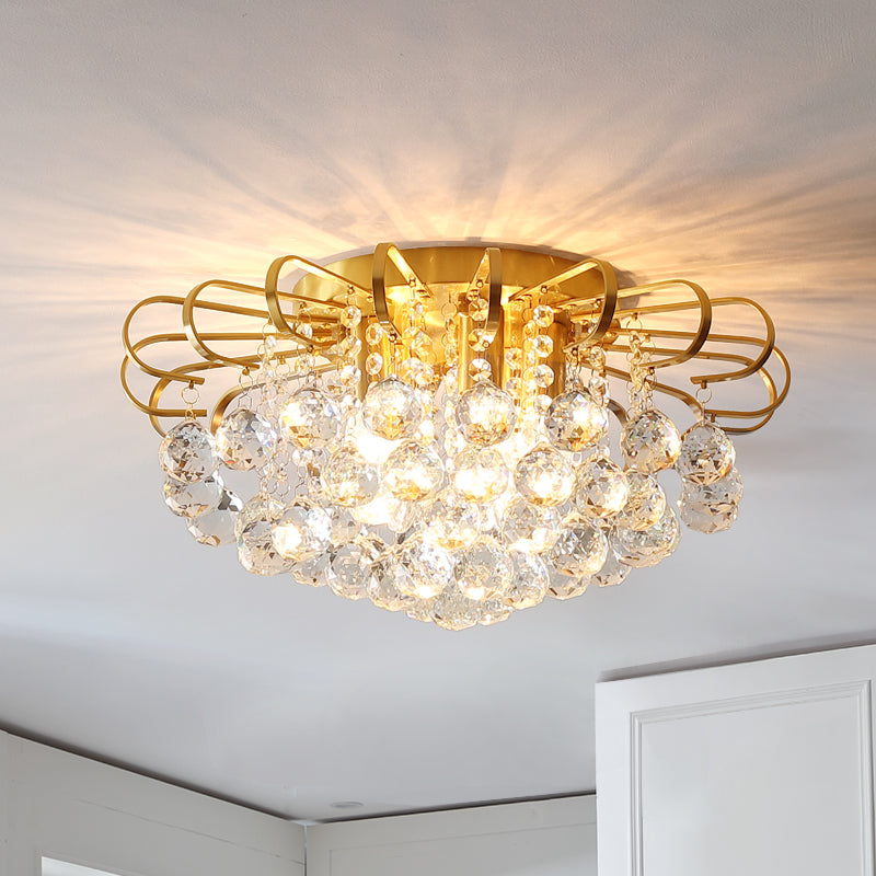 Gold Cascade Flush Mount Light Modern 3/5 Lights Crystal Ball Ceiling Mounted Light, 14"/18" Wide Clearhalo 'Ceiling Lights' 'Close To Ceiling Lights' 'Close to ceiling' 'Flush mount' Lighting' 221716
