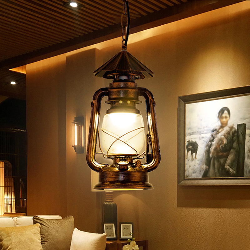 1 Bulb Hanging Light Simplicity Lantern Metallic Kerosene Lighting for Restaurant Clearhalo 'Art Deco Pendants' 'Black' 'Cast Iron' 'Ceiling Lights' 'Ceramic' 'Crystal' 'Industrial' 'Metal' 'Pendant Lights' 'Rustic Pendants' 'Tiffany' Lighting' 2217164