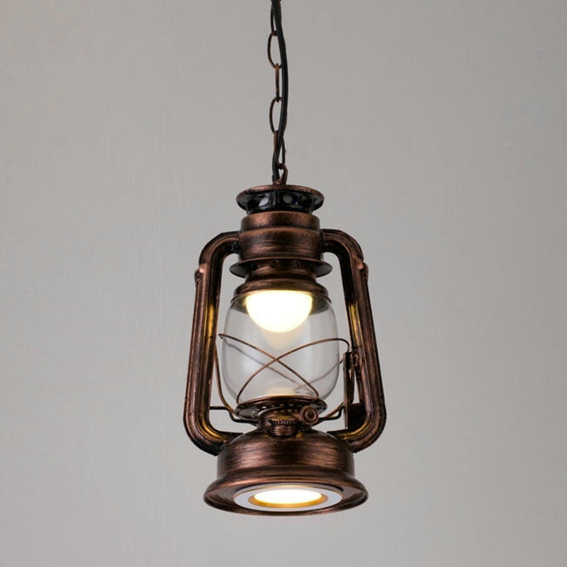 1 Bulb Hanging Light Simplicity Lantern Metallic Kerosene Lighting for Restaurant Copper 7" B Clearhalo 'Art Deco Pendants' 'Black' 'Cast Iron' 'Ceiling Lights' 'Ceramic' 'Crystal' 'Industrial' 'Metal' 'Pendant Lights' 'Rustic Pendants' 'Tiffany' Lighting' 2217166