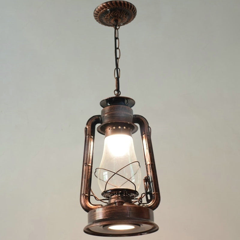 1 Bulb Hanging Light Simplicity Lantern Metallic Kerosene Lighting for Restaurant Copper 8.5" B Clearhalo 'Art Deco Pendants' 'Black' 'Cast Iron' 'Ceiling Lights' 'Ceramic' 'Crystal' 'Industrial' 'Metal' 'Pendant Lights' 'Rustic Pendants' 'Tiffany' Lighting' 2217169