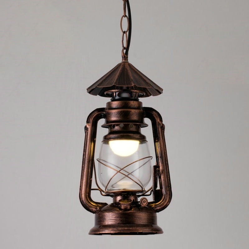 1 Bulb Hanging Light Simplicity Lantern Metallic Kerosene Lighting for Restaurant Copper 7" C Clearhalo 'Art Deco Pendants' 'Black' 'Cast Iron' 'Ceiling Lights' 'Ceramic' 'Crystal' 'Industrial' 'Metal' 'Pendant Lights' 'Rustic Pendants' 'Tiffany' Lighting' 2217171