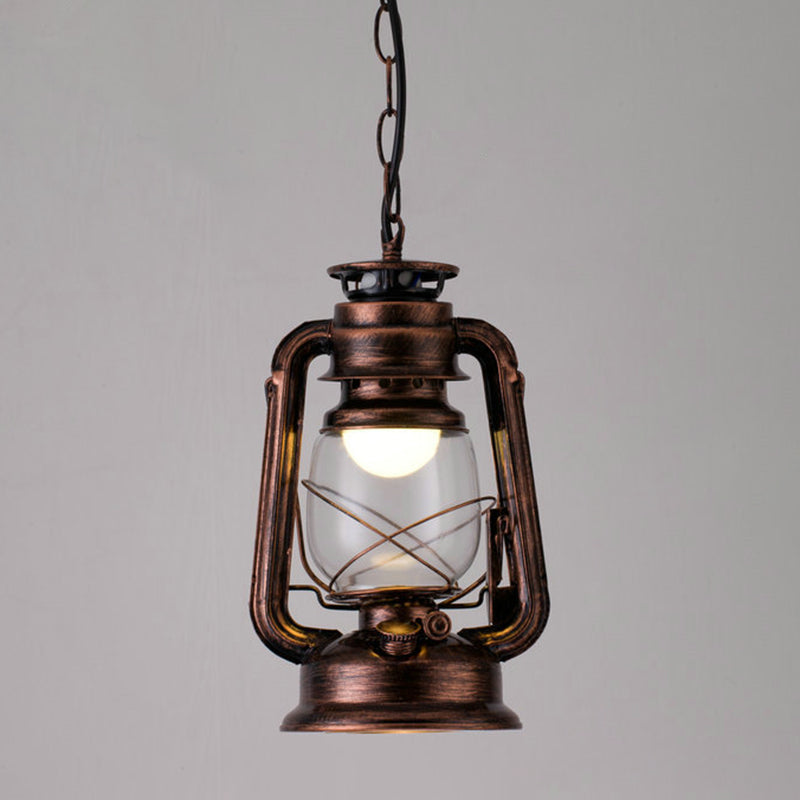1 Bulb Hanging Light Simplicity Lantern Metallic Kerosene Lighting for Restaurant Copper 7" A Clearhalo 'Art Deco Pendants' 'Black' 'Cast Iron' 'Ceiling Lights' 'Ceramic' 'Crystal' 'Industrial' 'Metal' 'Pendant Lights' 'Rustic Pendants' 'Tiffany' Lighting' 2217172