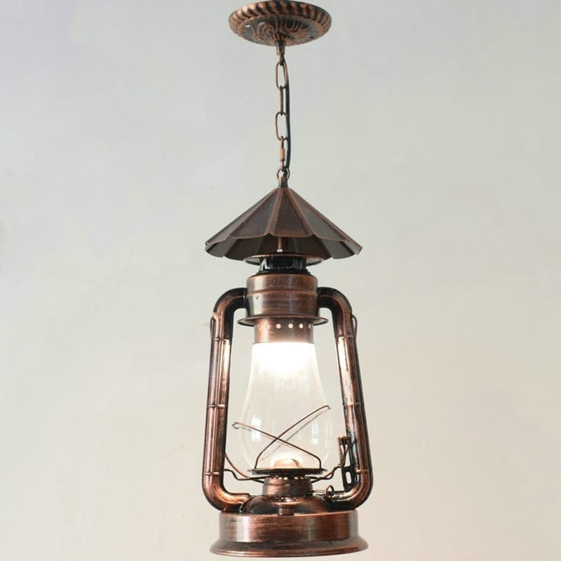 1 Bulb Hanging Light Simplicity Lantern Metallic Kerosene Lighting for Restaurant Copper 8.5" C Clearhalo 'Art Deco Pendants' 'Black' 'Cast Iron' 'Ceiling Lights' 'Ceramic' 'Crystal' 'Industrial' 'Metal' 'Pendant Lights' 'Rustic Pendants' 'Tiffany' Lighting' 2217173