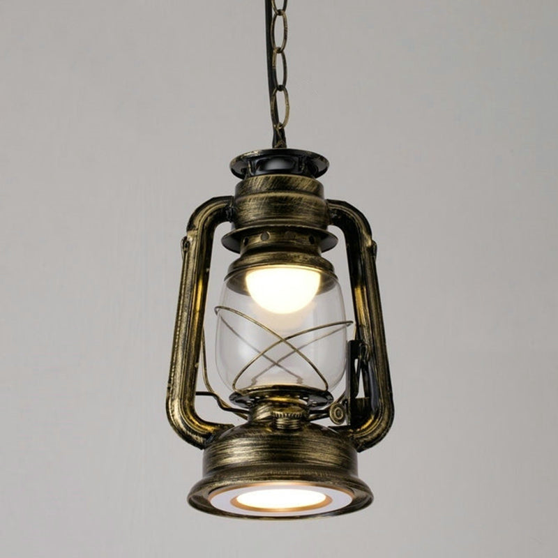 1 Bulb Hanging Light Simplicity Lantern Metallic Kerosene Lighting for Restaurant Bronze 7" B Clearhalo 'Art Deco Pendants' 'Black' 'Cast Iron' 'Ceiling Lights' 'Ceramic' 'Crystal' 'Industrial' 'Metal' 'Pendant Lights' 'Rustic Pendants' 'Tiffany' Lighting' 2217178
