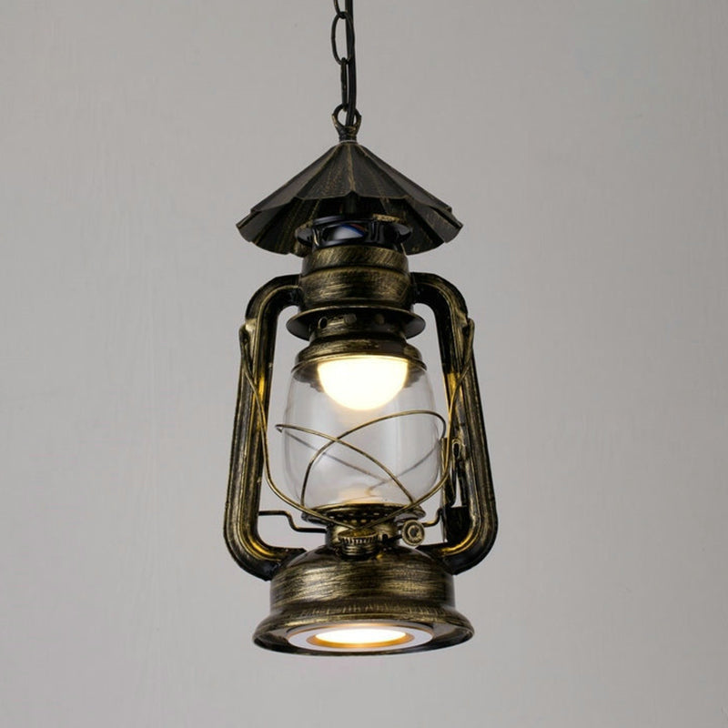 1 Bulb Hanging Light Simplicity Lantern Metallic Kerosene Lighting for Restaurant Bronze 7" D Clearhalo 'Art Deco Pendants' 'Black' 'Cast Iron' 'Ceiling Lights' 'Ceramic' 'Crystal' 'Industrial' 'Metal' 'Pendant Lights' 'Rustic Pendants' 'Tiffany' Lighting' 2217182