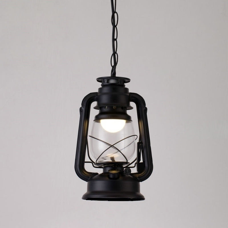 1 Bulb Hanging Light Simplicity Lantern Metallic Kerosene Lighting for Restaurant Black 7" A Clearhalo 'Art Deco Pendants' 'Black' 'Cast Iron' 'Ceiling Lights' 'Ceramic' 'Crystal' 'Industrial' 'Metal' 'Pendant Lights' 'Rustic Pendants' 'Tiffany' Lighting' 2217184