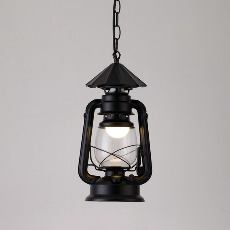 1 Bulb Hanging Light Simplicity Lantern Metallic Kerosene Lighting for Restaurant Black 7" C Clearhalo 'Art Deco Pendants' 'Black' 'Cast Iron' 'Ceiling Lights' 'Ceramic' 'Crystal' 'Industrial' 'Metal' 'Pendant Lights' 'Rustic Pendants' 'Tiffany' Lighting' 2217188