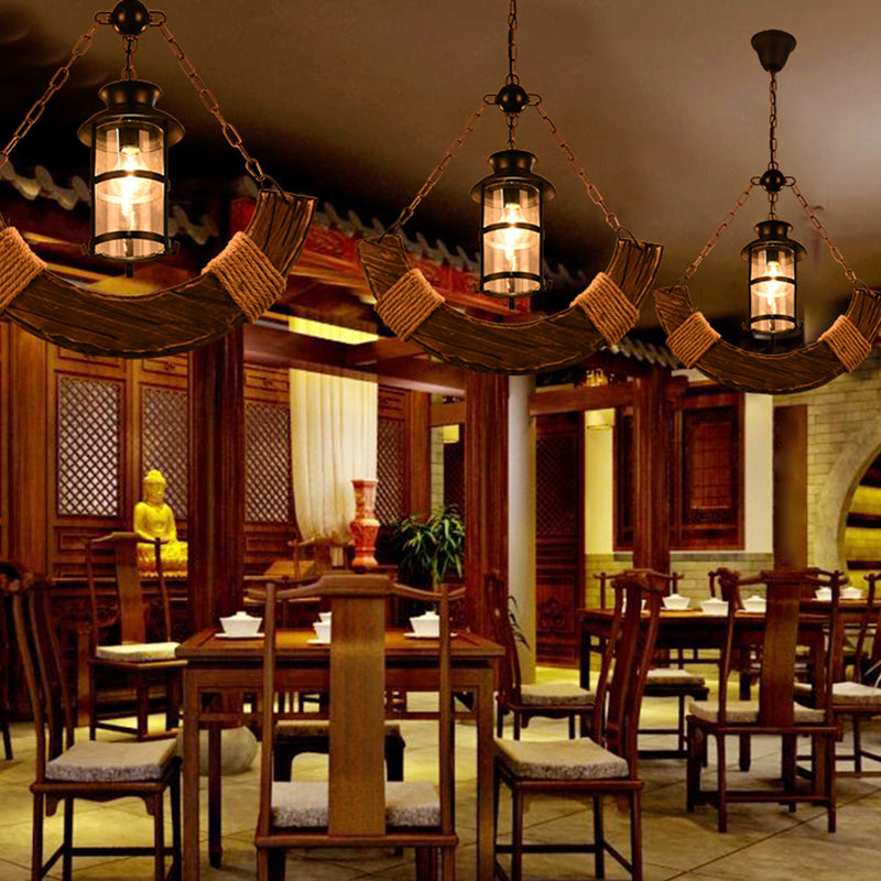 Iron Lantern Chandelier Light Antique Restaurant Commercial Pendant Lighting in Wood Wood H Clearhalo 'Carpenter Chandeliers' 'Ceiling Lights' 'Chandeliers' 'Industrial Chandeliers' 'Industrial' 'Middle Century Chandeliers' 'Modern' 'Tiffany' Lighting' 2217216