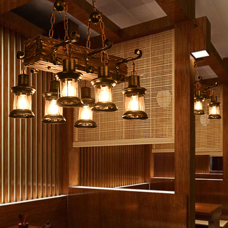 Iron Lantern Chandelier Light Antique Restaurant Commercial Pendant Lighting in Wood Wood E Clearhalo 'Carpenter Chandeliers' 'Ceiling Lights' 'Chandeliers' 'Industrial Chandeliers' 'Industrial' 'Middle Century Chandeliers' 'Modern' 'Tiffany' Lighting' 2217219