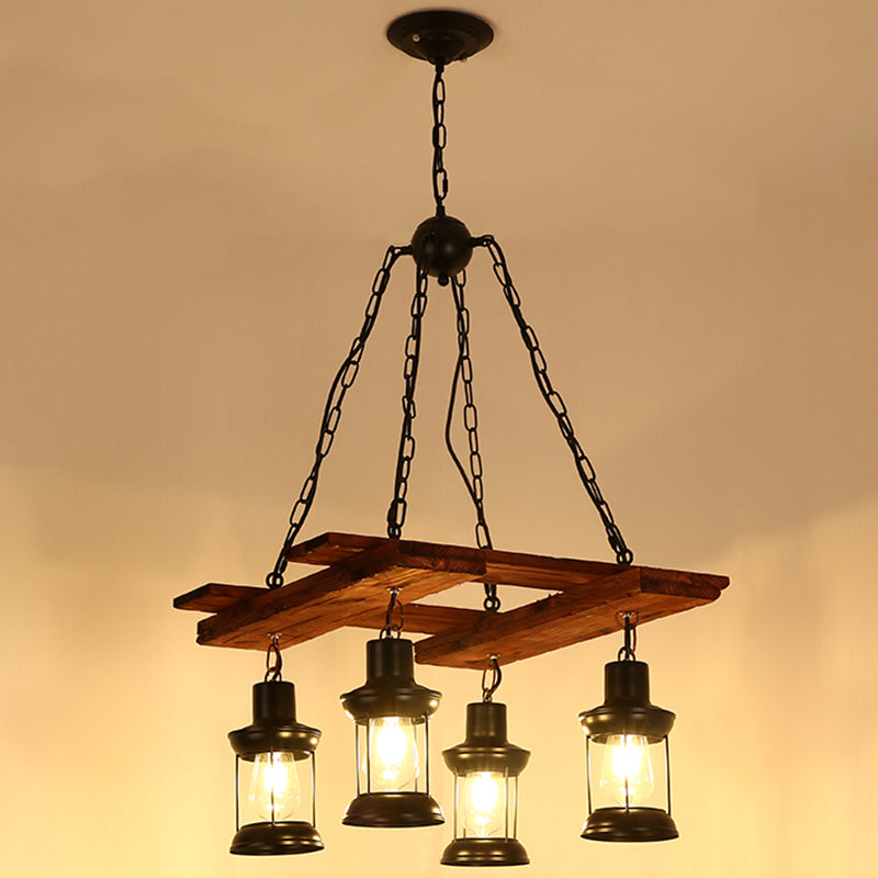 Lantern Iron Ceiling Lighting Nautical Restaurant Chandelier Light Fixture in Wood 4 Wood Clearhalo 'Carpenter Chandeliers' 'Ceiling Lights' 'Chandeliers' 'Industrial Chandeliers' 'Industrial' 'Middle Century Chandeliers' 'Modern' 'Tiffany' Lighting' 2217236