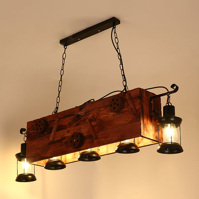Lantern Iron Ceiling Lighting Nautical Restaurant Chandelier Light Fixture in Wood 5 Wood Clearhalo 'Carpenter Chandeliers' 'Ceiling Lights' 'Chandeliers' 'Industrial Chandeliers' 'Industrial' 'Middle Century Chandeliers' 'Modern' 'Tiffany' Lighting' 2217241
