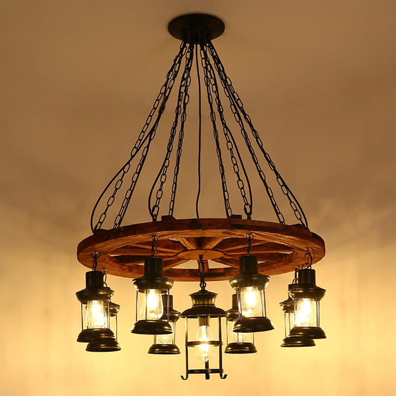 Lantern Iron Ceiling Lighting Nautical Restaurant Chandelier Light Fixture in Wood 9 Wood Clearhalo 'Carpenter Chandeliers' 'Ceiling Lights' 'Chandeliers' 'Industrial Chandeliers' 'Industrial' 'Middle Century Chandeliers' 'Modern' 'Tiffany' Lighting' 2217245