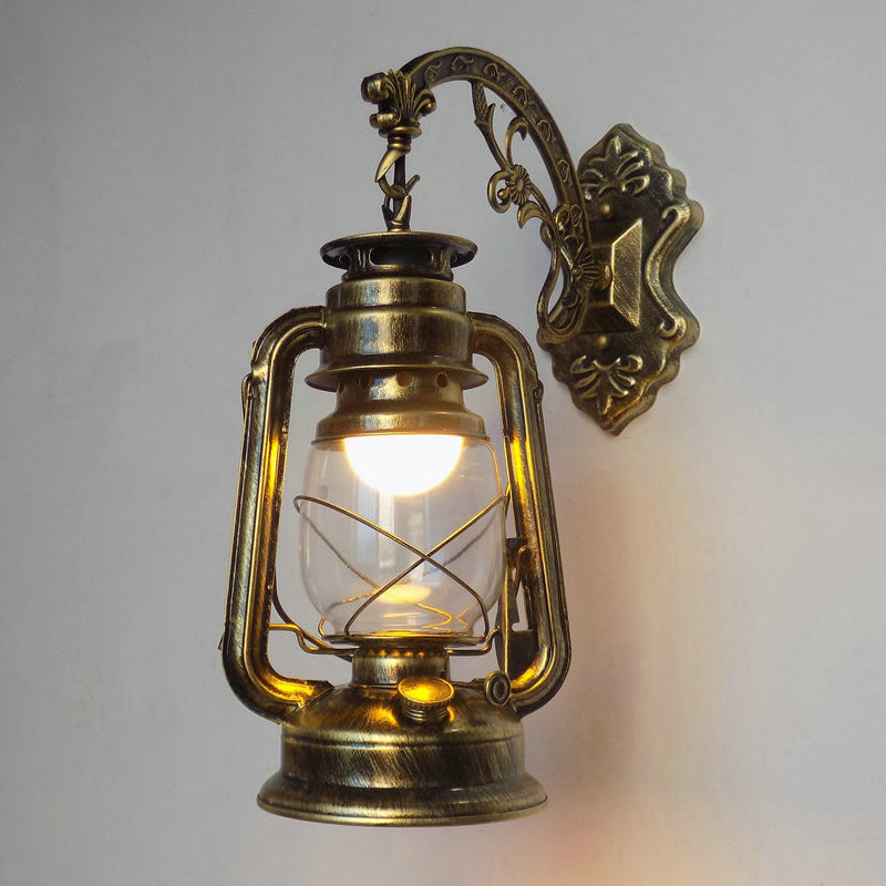 Lantern Shaped Iron Wall Light Retro Style 1-Light Corridor Kerosene Lighting Fixture Bronze B Clearhalo 'Art deco wall lights' 'Cast Iron' 'Glass' 'Industrial wall lights' 'Industrial' 'Middle century wall lights' 'Modern' 'Rustic wall lights' 'Tiffany' 'Traditional wall lights' 'Wall Lamps & Sconces' 'Wall Lights' Lighting' 2217249