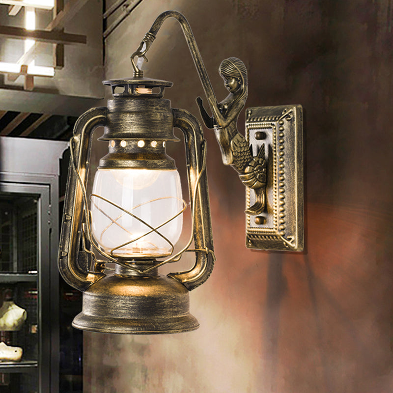 Lantern Shaped Iron Wall Light Retro Style 1-Light Corridor Kerosene Lighting Fixture Bronze A Clearhalo 'Art deco wall lights' 'Cast Iron' 'Glass' 'Industrial wall lights' 'Industrial' 'Middle century wall lights' 'Modern' 'Rustic wall lights' 'Tiffany' 'Traditional wall lights' 'Wall Lamps & Sconces' 'Wall Lights' Lighting' 2217251