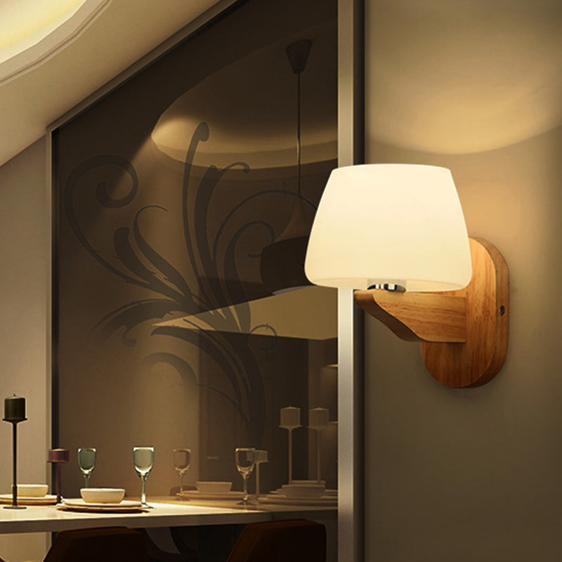 White Glass Bud Wall Sconce Lamp Nordic Style Wall Lighting Fixture with Wooden Backplate Clearhalo 'Modern wall lights' 'Modern' 'Wall Lamps & Sconces' 'Wall Lights' Lighting' 2218093