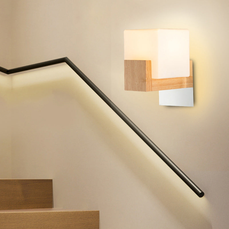 Cube Bedside Wall Sconce Lamp White Glass Single Modern Style Wall Lighting Fixture with Wooden Backplate Clearhalo 'Modern wall lights' 'Modern' 'Wall Lamps & Sconces' 'Wall Lights' Lighting' 2218102