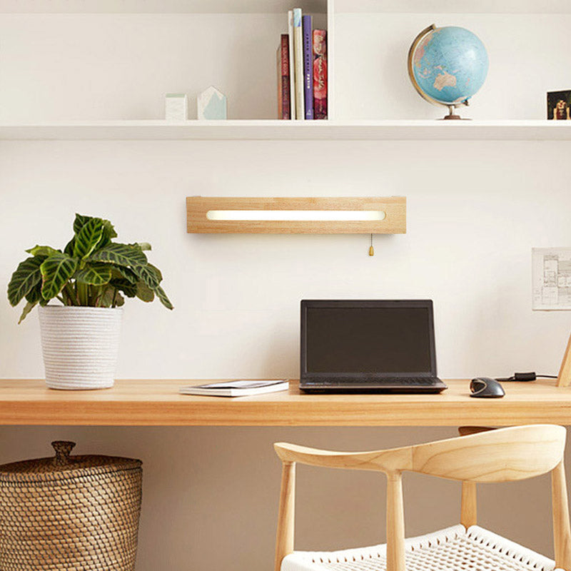 Simplicity Rectangular LED Wall Mounted Light Wood Bedside Wall Sconce Lighting with Pull Chain Wood 18" Clearhalo 'Modern wall lights' 'Modern' 'Wall Lamps & Sconces' 'Wall Lights' Lighting' 2218156