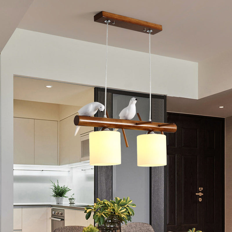 Cylinder Restaurant LED Pendant Light White Glass Simplicity Hanging Island Light with Resin Bird 2 White Clearhalo 'Ceiling Lights' 'Island Lights' Lighting' 2218234