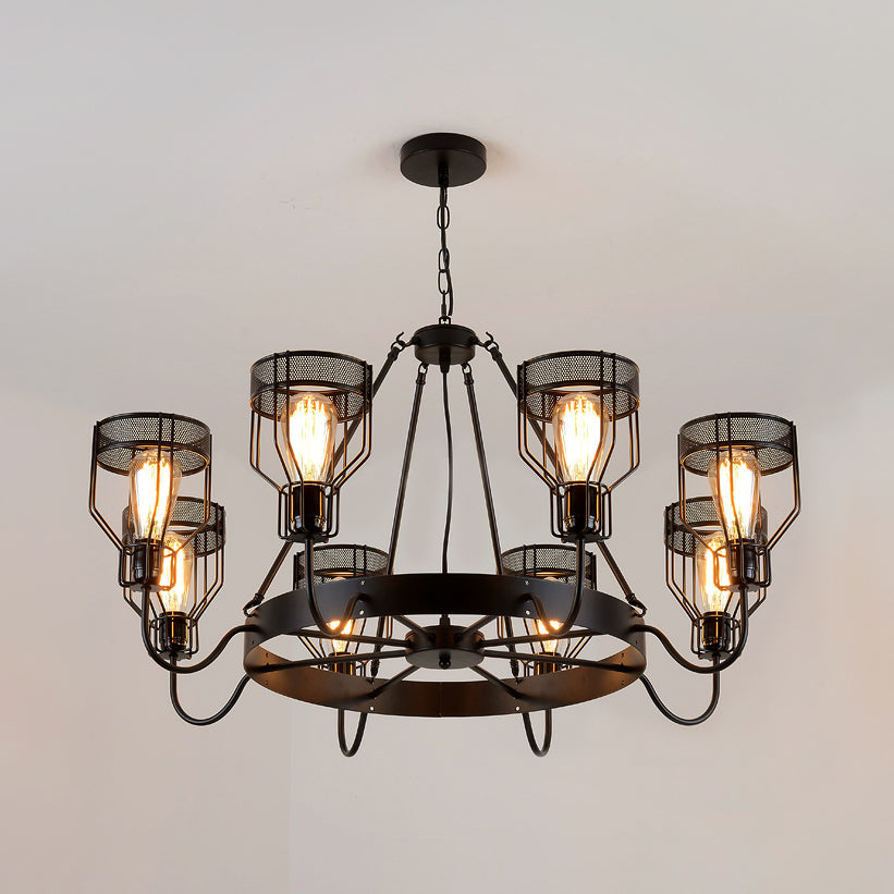 6/8 Lights Chandelier Lighting Retro Style Wire Guard Metal Down/Up Ceiling Light with Bell Shade in Black 8 Black Up Clearhalo 'Cast Iron' 'Ceiling Lights' 'Chandeliers' 'Industrial Chandeliers' 'Industrial' 'Metal' 'Middle Century Chandeliers' 'Rustic Chandeliers' 'Tiffany' Lighting' 22184