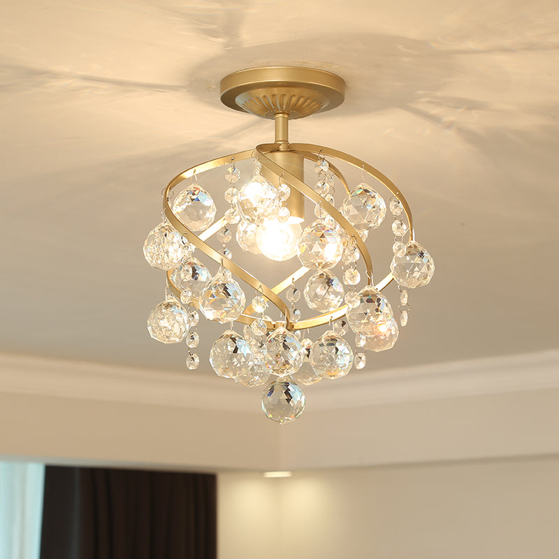 Faceted Crystal Ball Spiral Semi Flush Light Postmodern 1 Light Brass Ceiling Light Fixture Clearhalo 'Ceiling Lights' 'Close To Ceiling Lights' 'Close to ceiling' 'Semi-flushmount' Lighting' 221914