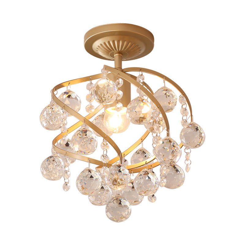 Faceted Crystal Ball Spiral Semi Flush Light Postmodern 1 Light Brass Ceiling Light Fixture Clearhalo 'Ceiling Lights' 'Close To Ceiling Lights' 'Close to ceiling' 'Semi-flushmount' Lighting' 221916