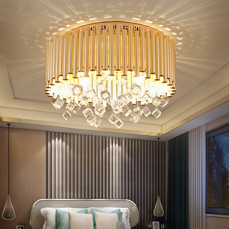 Drum Flush Light Modern Flute Metal Shade 4/5 Lights Brass Ceiling Lamp with Cubic Crystal Drop, 16"/19.5" Dia Brass 19.5" Clearhalo 'Ceiling Lights' 'Close To Ceiling Lights' 'Close to ceiling' 'Flush mount' Lighting' 222007