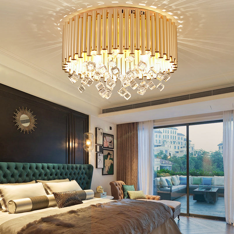 Drum Flush Light Modern Flute Metal Shade 4/5 Lights Brass Ceiling Lamp with Cubic Crystal Drop, 16"/19.5" Dia Clearhalo 'Ceiling Lights' 'Close To Ceiling Lights' 'Close to ceiling' 'Flush mount' Lighting' 222010