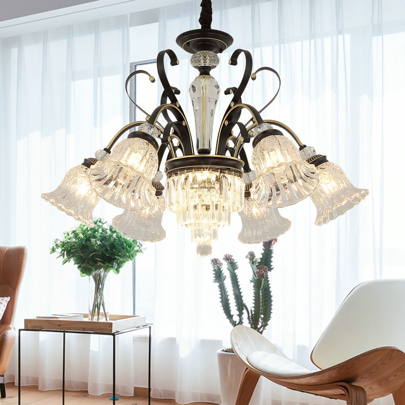 Traditional 6-Light Chandelier Clear Crystal Shaded Floral Ceiling Pendant Light in Black Black Clearhalo 'Ceiling Lights' 'Chandeliers' Lighting' options 222023_51383565-eac5-4d1a-a838-11f939796cc8