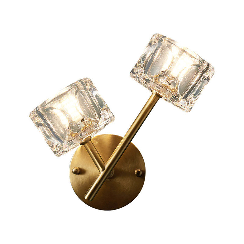 1/2-Light Bedroom Wall Lighting Contemporary Style Brass Finish with Square Clear Crystal Shade Clearhalo 'Modern wall lights' 'Modern' 'Wall Lamps & Sconces' 'Wall Lights' Lighting' 222066