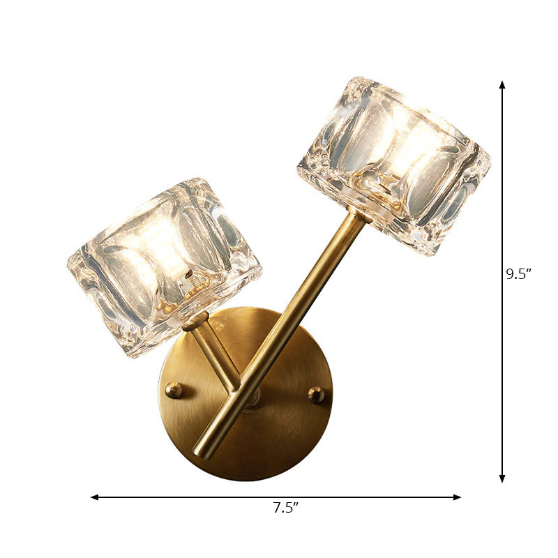 1/2-Light Bedroom Wall Lighting Contemporary Style Brass Finish with Square Clear Crystal Shade Clearhalo 'Modern wall lights' 'Modern' 'Wall Lamps & Sconces' 'Wall Lights' Lighting' 222067