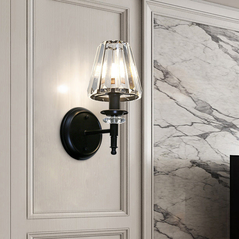 Clear Crystal Cone Wall Mount Light Contemporary Style 1 Bulb Black Finish Wall Lamp for Bedroom Black A Clearhalo 'Modern wall lights' 'Modern' 'Wall Lamps & Sconces' 'Wall Lights' Lighting' 222072