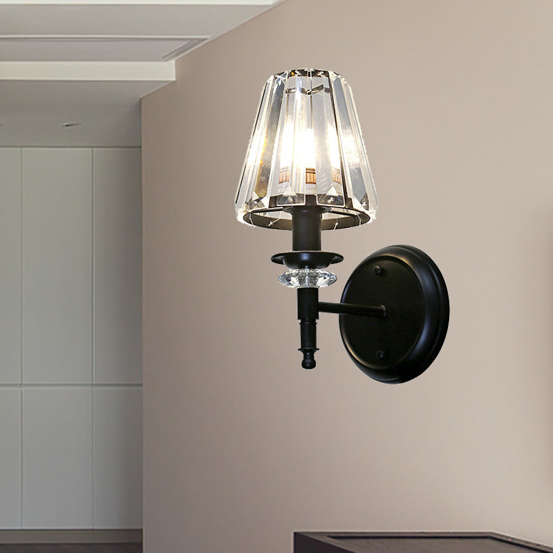 Clear Crystal Cone Wall Mount Light Contemporary Style 1 Bulb Black Finish Wall Lamp for Bedroom Clearhalo 'Modern wall lights' 'Modern' 'Wall Lamps & Sconces' 'Wall Lights' Lighting' 222073