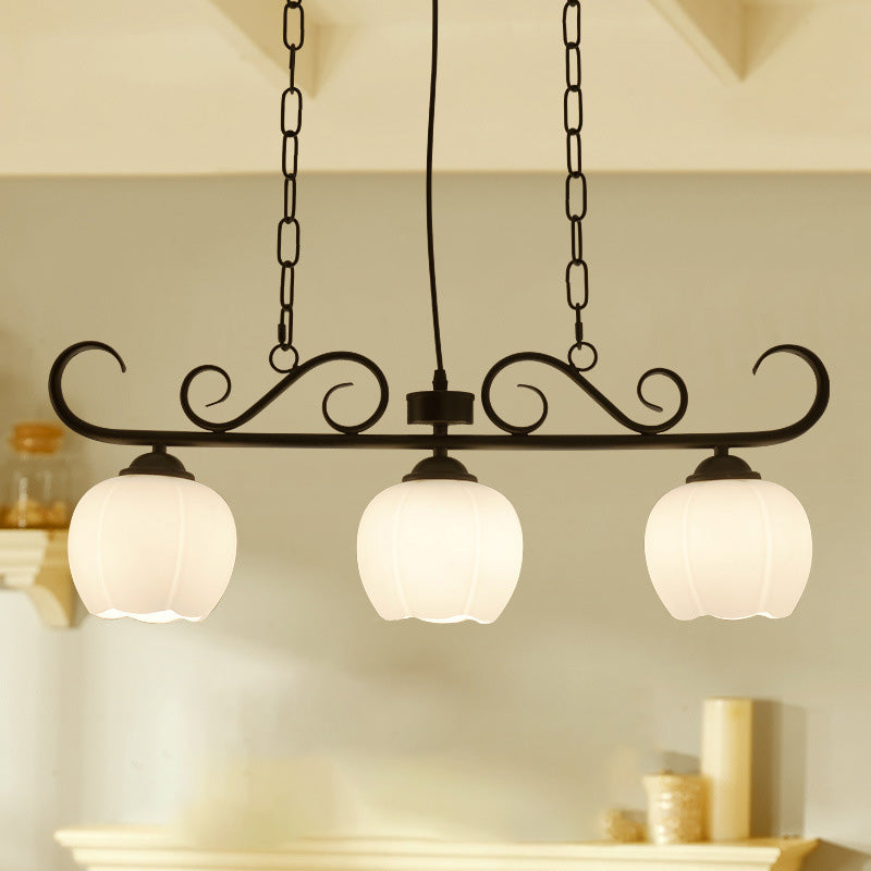 Black Flower Shape Island Lighting Fixture Traditional Milky Glass 3 Bulbs Dining Room Hanging Light Clearhalo 'Ceiling Lights' 'Glass shade' 'Glass' 'Island Lights' Lighting' 222255