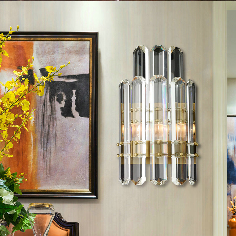 1/2-Bulb Bedside Wall Sconce Contemporary Style Chrome/Gold Wall Mounted Lamp with Clear Crystal Prism 2.0 Gold Clearhalo 'Art deco wall lights' 'Industrial wall lights' 'Industrial' 'Middle century wall lights' 'Modern wall lights' 'Modern' 'Tiffany' 'Wall Lamps & Sconces' 'Wall Lights' Lighting' 222280
