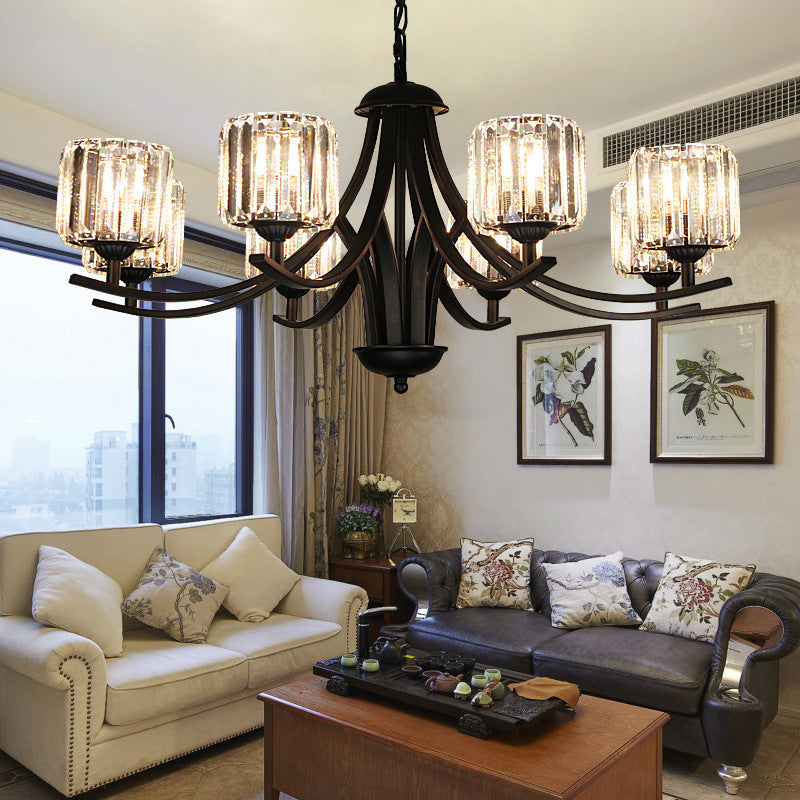 Mid-Century Cylinder Chandelier Light Crystal 4/6/8 Bulbs Hanging Ceiling Light in Black for Dining Room Clearhalo 'Ceiling Lights' 'Chandeliers' 'Modern Chandeliers' 'Modern' Lighting' 222578