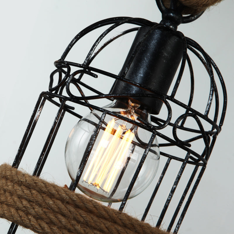 Flaxen 3 Bulbs Suspension Lighting Retro Metallic Birdcage Island Ceiling Light with Hemp Rope Clearhalo 'Ceiling Lights' 'Island Lights' Lighting' 2227696