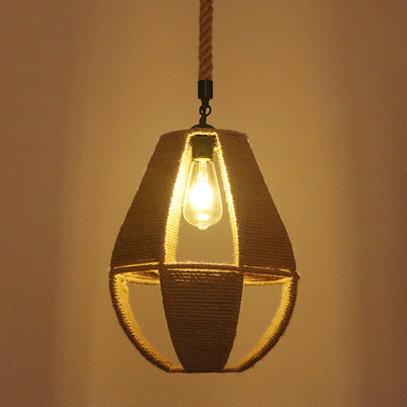 Flaxen Caged Ceiling Light Industrial Hemp Rope Single Restaurant Hanging Pendant Light Flaxen N Clearhalo 'Ceiling Lights' 'Industrial Pendants' 'Industrial' 'Middle Century Pendants' 'Pendant Lights' 'Pendants' 'Tiffany' Lighting' 2227711