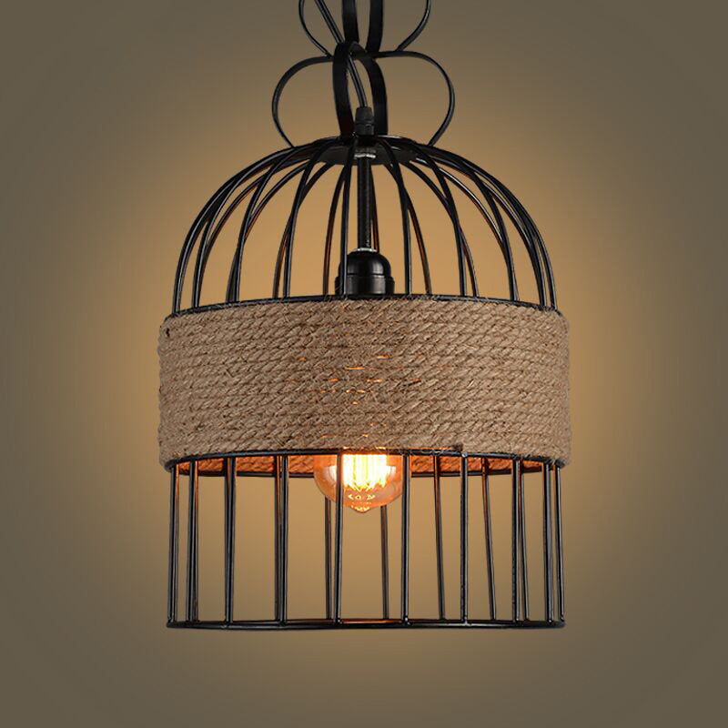 Vintage Birdcage Hanging Lamp Single-Bulb Iron Lighting Pendant with Hemp Rope in Black Clearhalo 'Art Deco Pendants' 'Black' 'Cast Iron' 'Ceiling Lights' 'Ceramic' 'Crystal' 'Industrial Pendants' 'Industrial' 'Metal' 'Middle Century Pendants' 'Pendant Lights' 'Pendants' 'Rustic Pendants' 'Tiffany' Lighting' 2227773