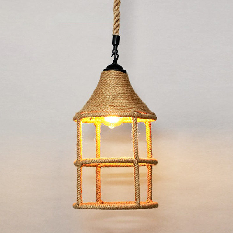 Hemp Rope Caged Hanging Light Rustic 1 Bulb Restaurant Pendant Light Fixture in Brown Brown E Clearhalo 'Ceiling Lights' 'Lighting' 'Pendant Lights' 2227787_4d521385-18cc-4ba5-8806-70b7c4b71078