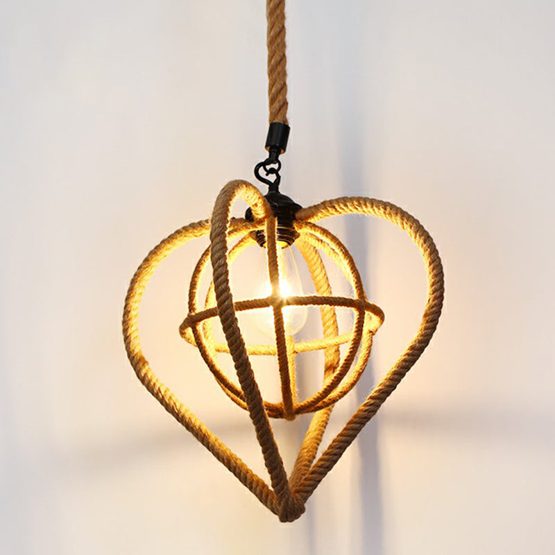 Hemp Rope Caged Hanging Light Rustic 1 Bulb Restaurant Pendant Light Fixture in Brown Brown J Clearhalo 'Ceiling Lights' 'Lighting' 'Pendant Lights' 2227796_5a42e54f-1728-4d31-a73d-2bdc242c238f