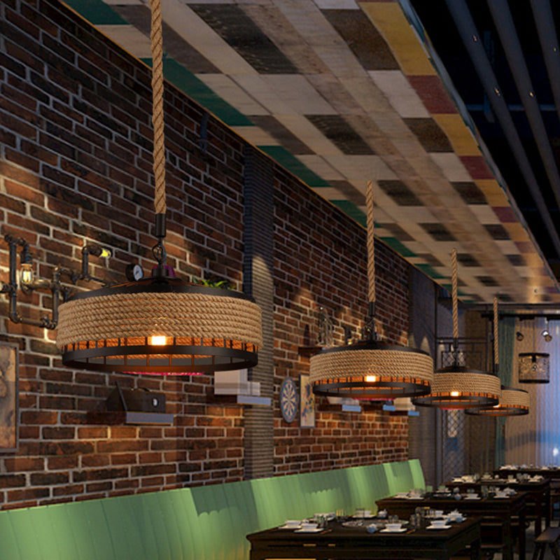 Hemp Rope Yurt Hanging Light Rustic 1 Bulb Restaurant Pendant Light Fixture in Black Clearhalo 'Art Deco Pendants' 'Black' 'Cast Iron' 'Ceiling Lights' 'Ceramic' 'Crystal' 'Industrial' 'Metal' 'Pendant Lights' 'Rustic Pendants' 'Tiffany' Lighting' 2227835
