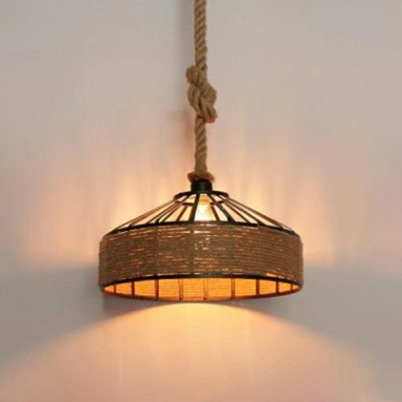Retro Style Yurt Suspension Lighting 1��Head Hemp Rope Pendant Ceiling Light in Brown Clearhalo 'Ceiling Lights' 'Industrial Pendants' 'Industrial' 'Middle Century Pendants' 'Pendant Lights' 'Pendants' 'Tiffany' Lighting' 2227886