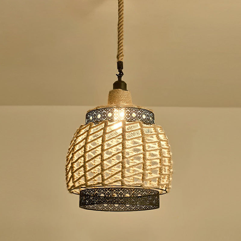 1-Light Pendant Light Antique Hemp Rope Hanging Light Fixture in Brown for Restaurant Brown N Clearhalo 'Ceiling Lights' 'Pendant Lights' 'Pendants' Lighting' 2227978_0383f914-9a83-420a-be44-00fc8c858d8f