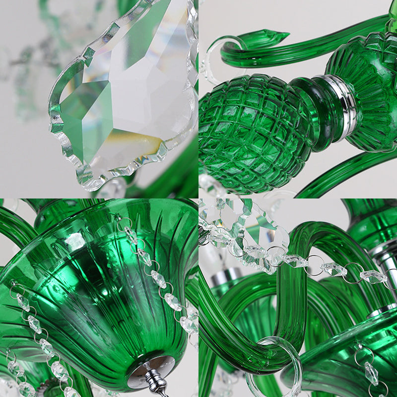 6 Heads Living Room Pendant Chandelier Retro Green Hanging Light Kit with Branch Crystal Shade Clearhalo 'Ceiling Lights' 'Chandeliers' 'Modern Chandeliers' 'Modern' Lighting' 222838