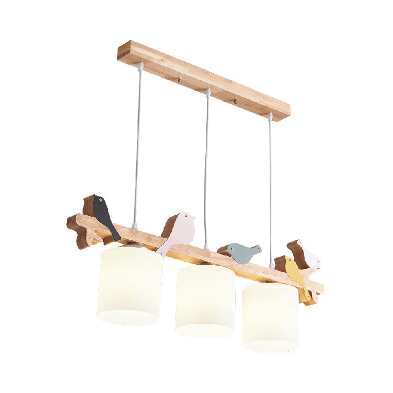 Cylindrical LED Hanging Lamp Simplicity Cream Glass Dining Room Island Chandelier Light with Wooden Bird Clearhalo 'Ceiling Lights' 'Island Lights' Lighting' 2228559