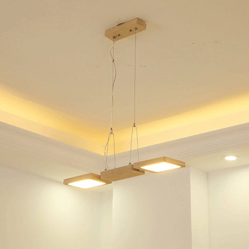 Japanese Style Square LED Pendant Light Wood Restaurant Hanging Island Lighting with Acrylic Shade 2 Wood Clearhalo 'Ceiling Lights' 'Island Lights' Lighting' 2228580