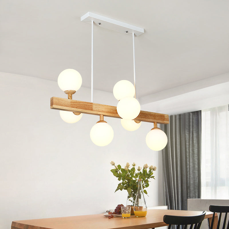 Opal Glass Globe Hanging Lamp Simplicity 7 Heads Island Chandelier Light in Wood for Dining Room Clearhalo 'Ceiling Lights' 'Island Lights' Lighting' 2228590