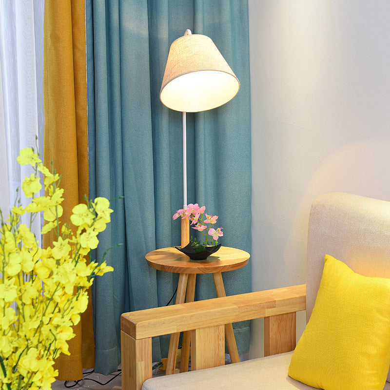 Tapered Living Room Stand Up Lamp Fabric Single-Bulb Nordic Floor Lighting with Wooden Tray in White Clearhalo 'Floor Lamps' 'Lamps' Lighting' 2228650