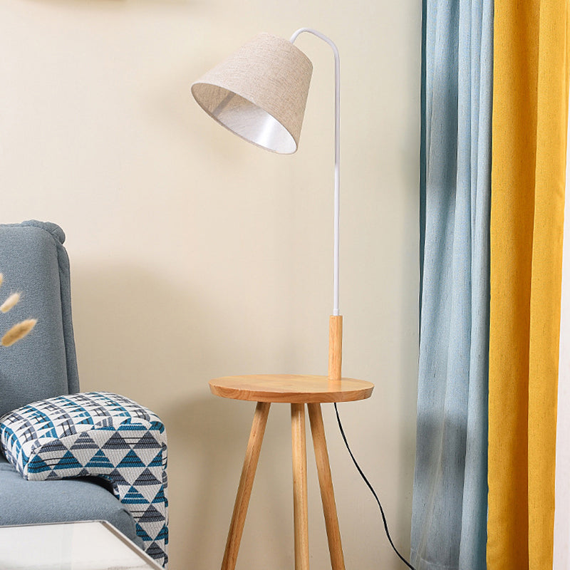 Tapered Living Room Stand Up Lamp Fabric Single-Bulb Nordic Floor Lighting with Wooden Tray in White Clearhalo 'Floor Lamps' 'Lamps' Lighting' 2228658