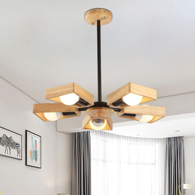 Trapezoid Frame Living Room Suspension Light Wood Minimalist Chandelier Lighting Fixture 5 Black Clearhalo 'Carpenter Chandeliers' 'Ceiling Lights' 'Chandeliers' 'Industrial' 'Modern Chandeliers' 'Modern' Lighting' 2228857